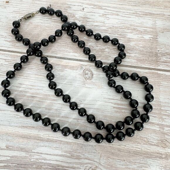 Vtg French Jet Black Glass Round Bead Long Necklace Fishhook Clasp Hand Knotted - Picture 1 of 8